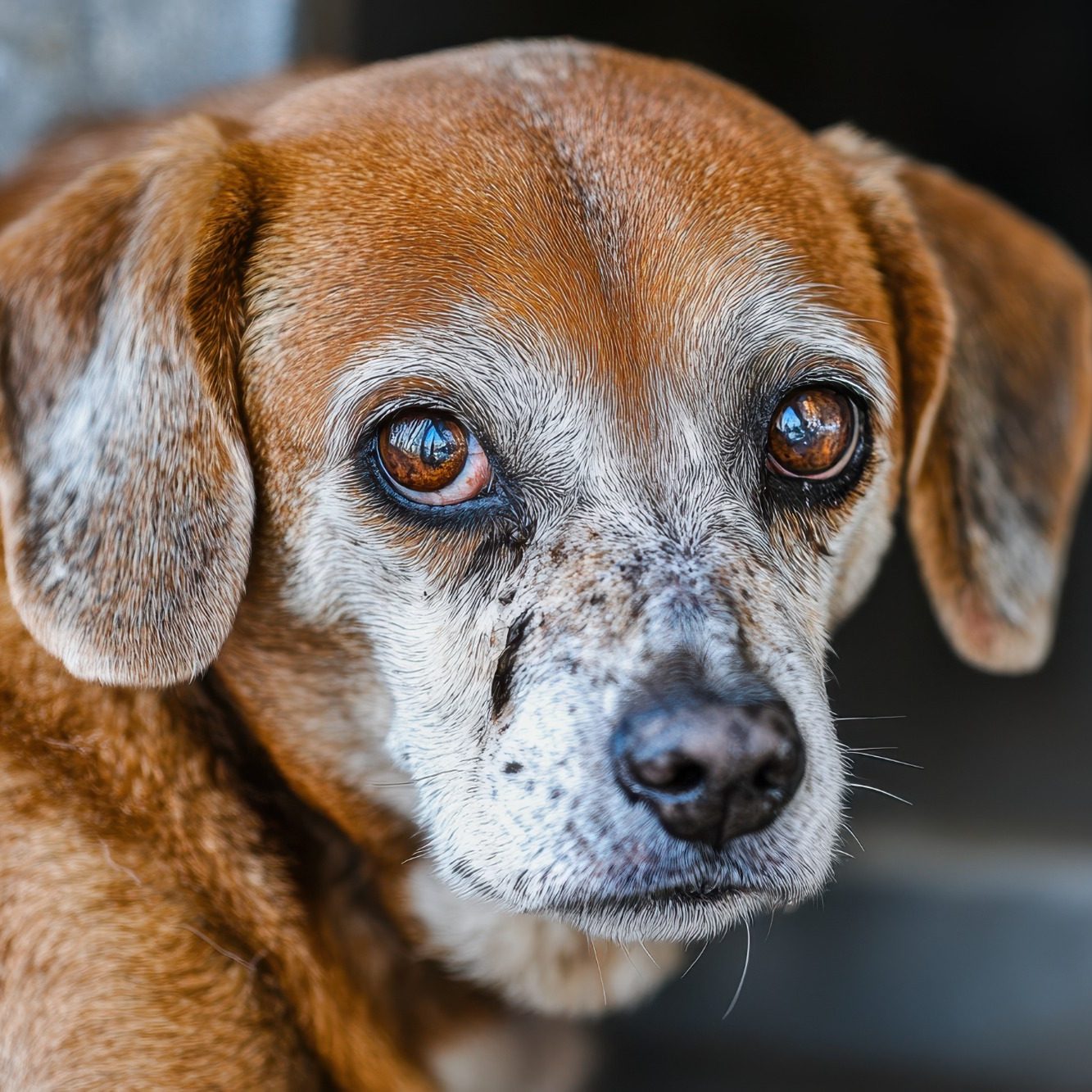 A close-up of a brown dog with soulful brown eyes and a speckled muzzle.