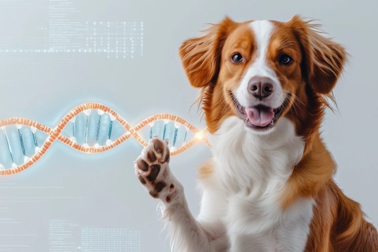 A happy dog with a paw raised beside a DNA double helix illustration.
