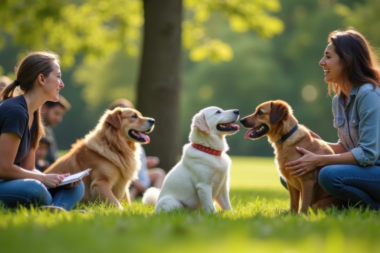 Two women interact joyfully with three dogs in a sunny park setting.