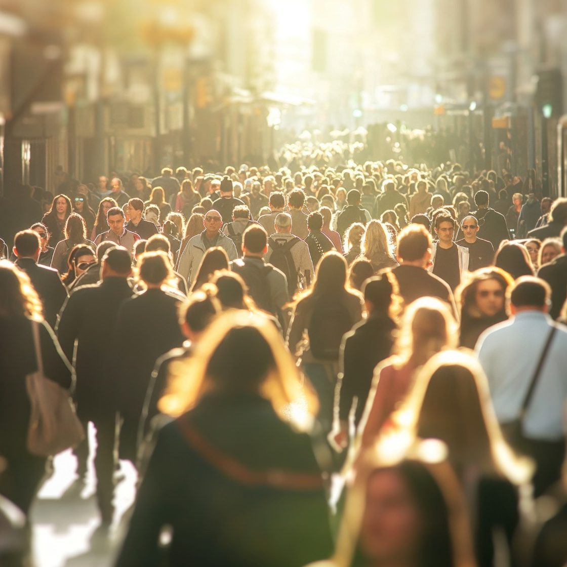A bustling street filled with diverse people walking in sunlight.