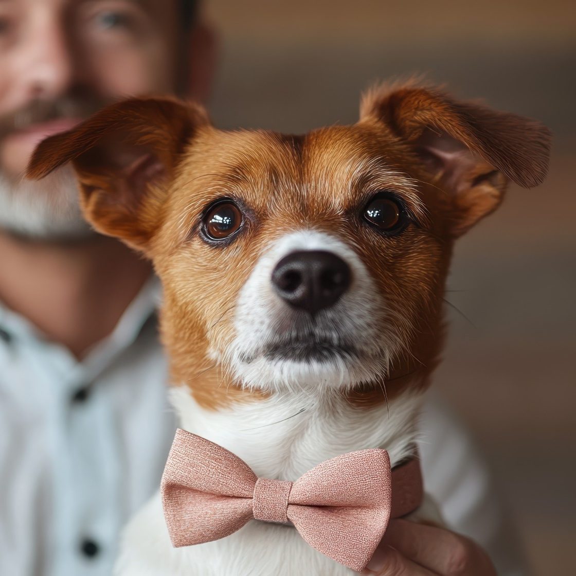 A dog wearing a pink bow tie beside a man with a beard.