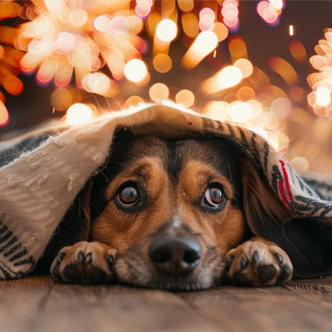 A scared dog hiding under a blanket with festive fireworks in the background.