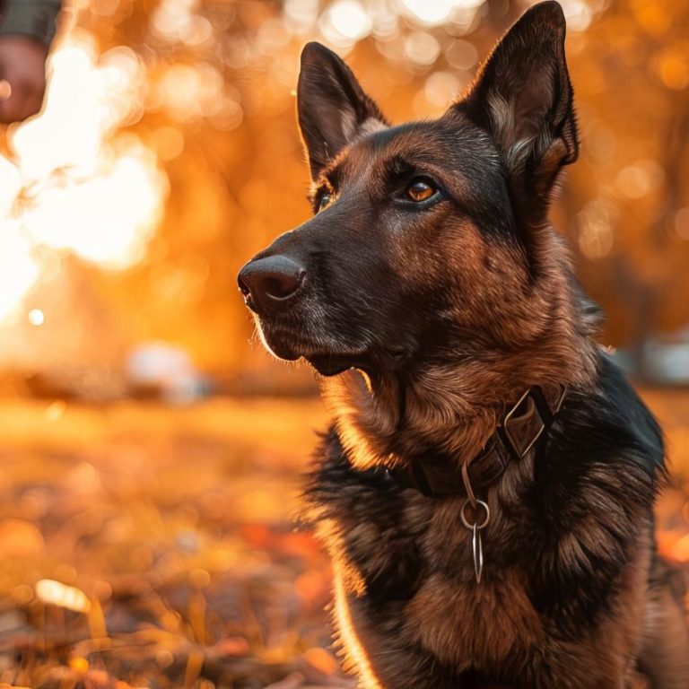 A close-up of a German Shepherd in a golden autumn setting, with sunlight in the background.