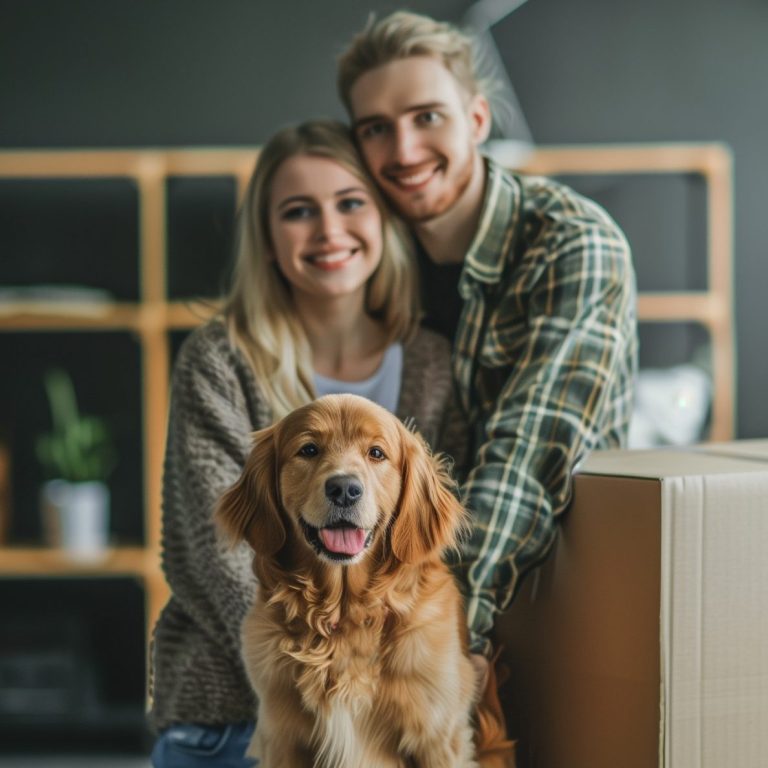 A smiling couple with a golden retriever in a cozy home setting near packed boxes.