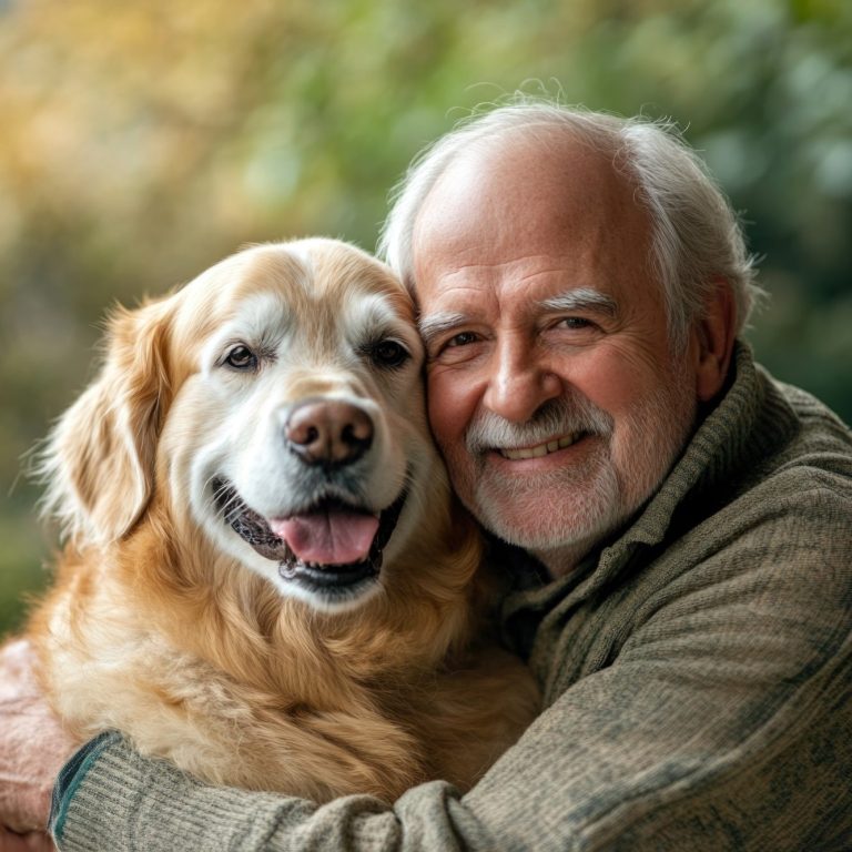 An elderly man smiles while embracing a golden retriever in a natural setting.