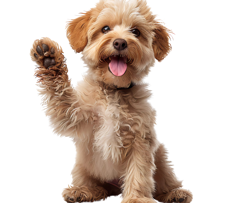 A furry puppy raising one paw and smiling, with a playful expression.