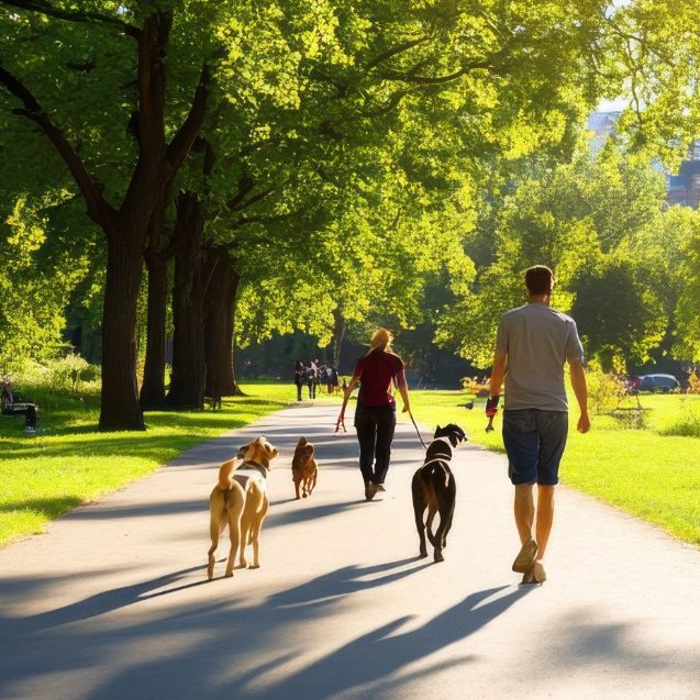 People walking dogs along a tree-lined path in bright sunlight.