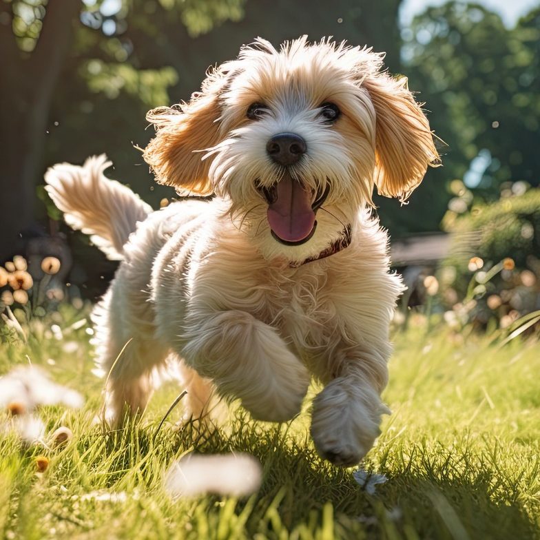 A playful dog running through a sunny, grassy field with flowers.