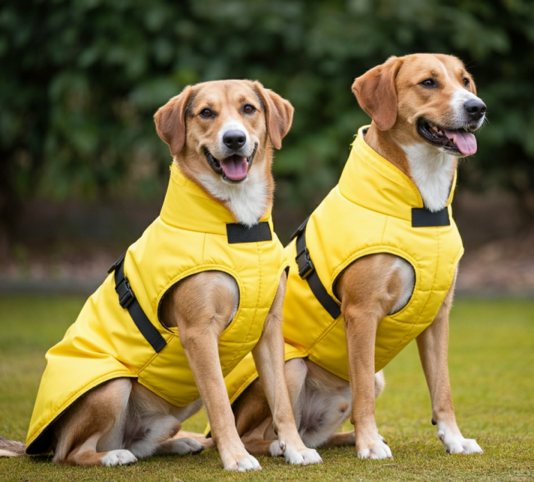 Two dogs in yellow coats sitting side by side on grass, smiling at the camera.