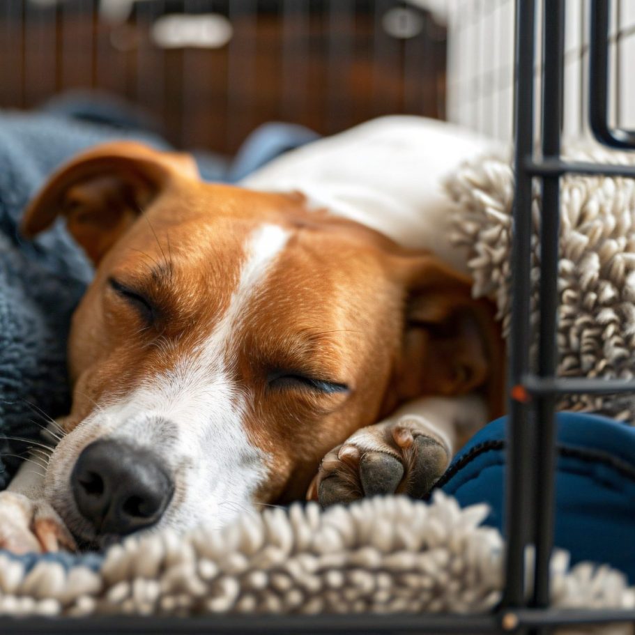 A sleeping dog curled up on soft blankets in a cosy crate.