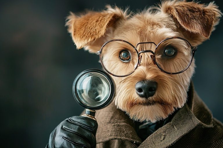 A dog wearing glasses and a coat, holding a magnifying glass.