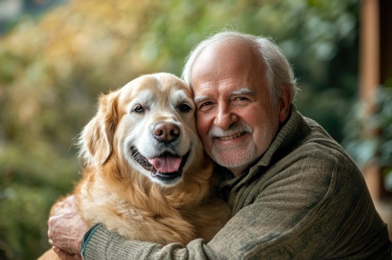 A smiling elderly man hugs a golden retriever in a natural outdoor setting.
