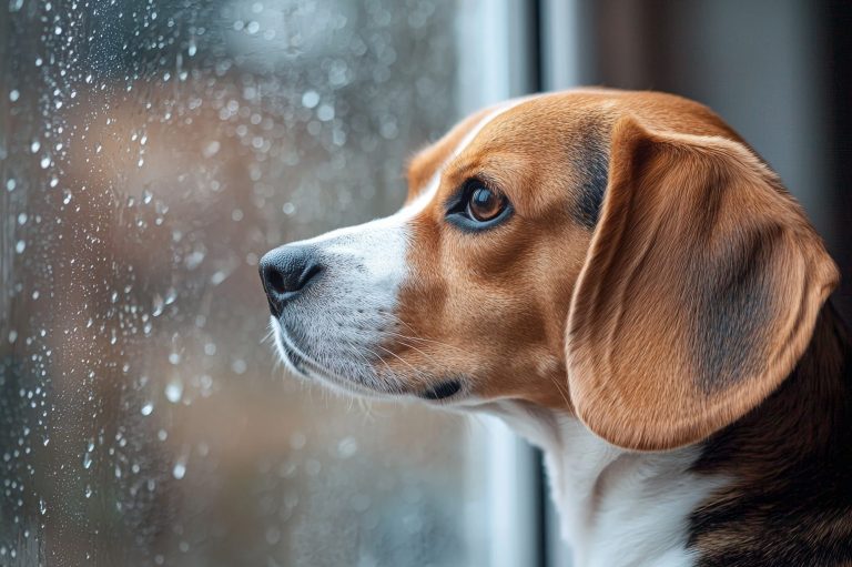 Beagle looking out of a window with raindrops on the glass.