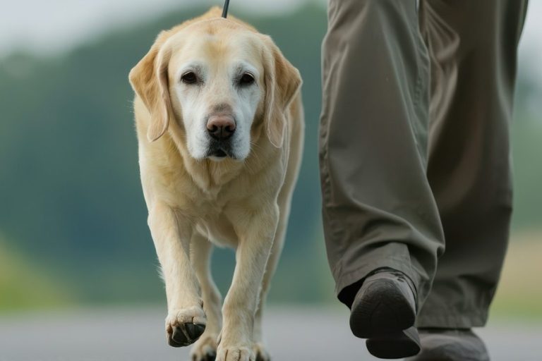 A person walking with a yellow Labrador dog on a path.