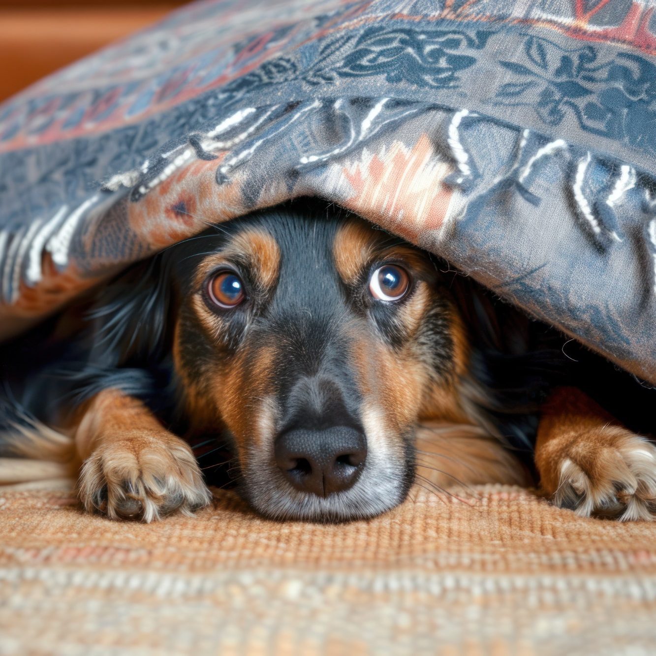 A nervous dog peeking out from under a patterned blanket, resting on a woven rug.